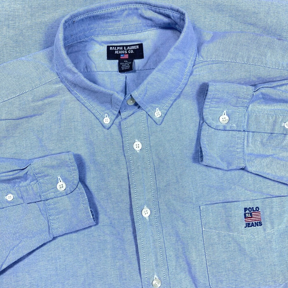 Ralph Lauren Oxford Shirt Men XL Blue Button Up Dress USA Flag Pocket VTG Solid